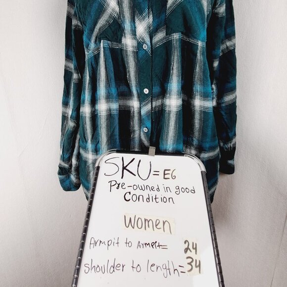Caffe Marrakesh Women's Teal White Plaid Long Sleeve Button Up Shirt Size M - Picture 12 of 12